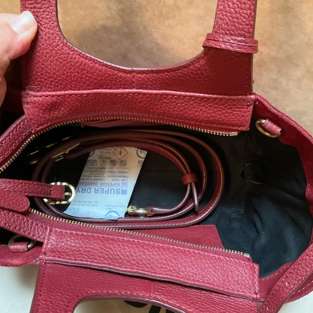 DKNY Effortless The Mini Tote Red Satchel Bag Leather Crossbody, Top handle